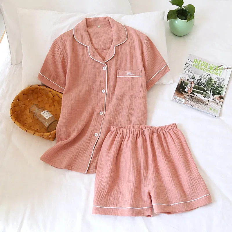 Women's & Men's Couple's Cotton Short-Sleeve Shirt & Shorts Pajamas Set